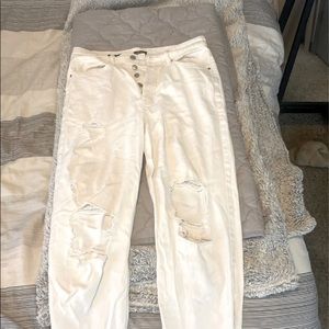 high waisted, white, frayed, flare jeans